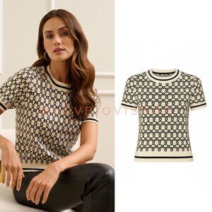 Feminine | Adrianna Papell Cream Black Chain Knit Top | Parisian Inspired